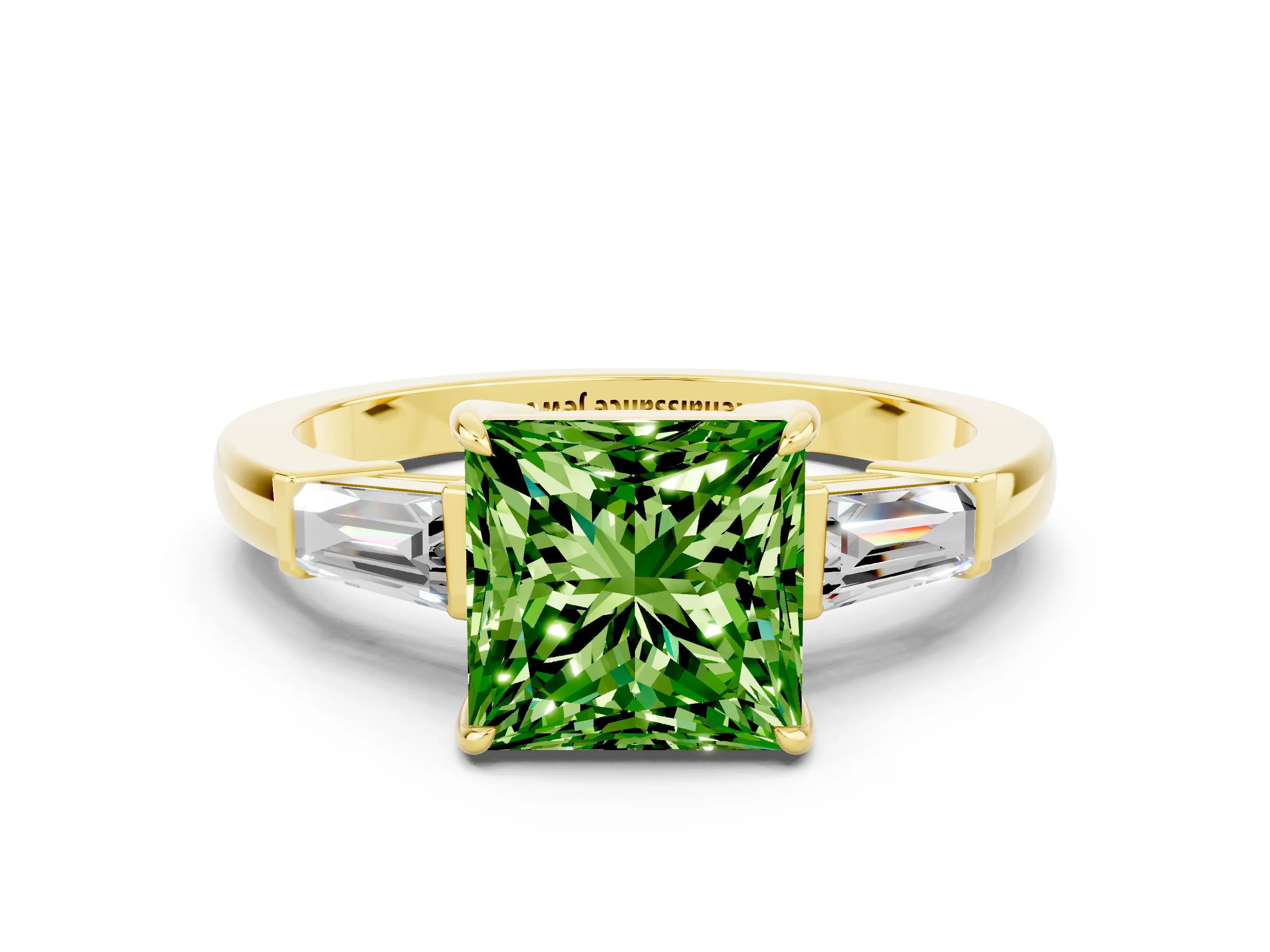 Yellow gold Princess Cut Cut Diamond Ring with Tapered Baguette Side Stones in Four-Prong Setting