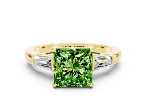 Yellow gold Princess Cut Cut Diamond Ring with Tapered Baguette Side Stones in Four-Prong Setting