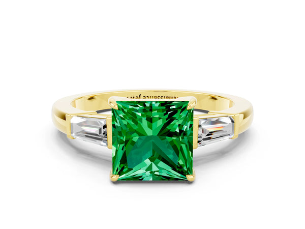 Yellow gold Princess Cut Emerald Three-Stone Ring with Tapered Baguette Side Stones and Prong Setting