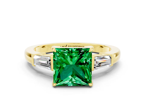 Yellow gold Princess Cut Cut Diamond Ring with Tapered Baguette Side Stones in Four-Prong Setting