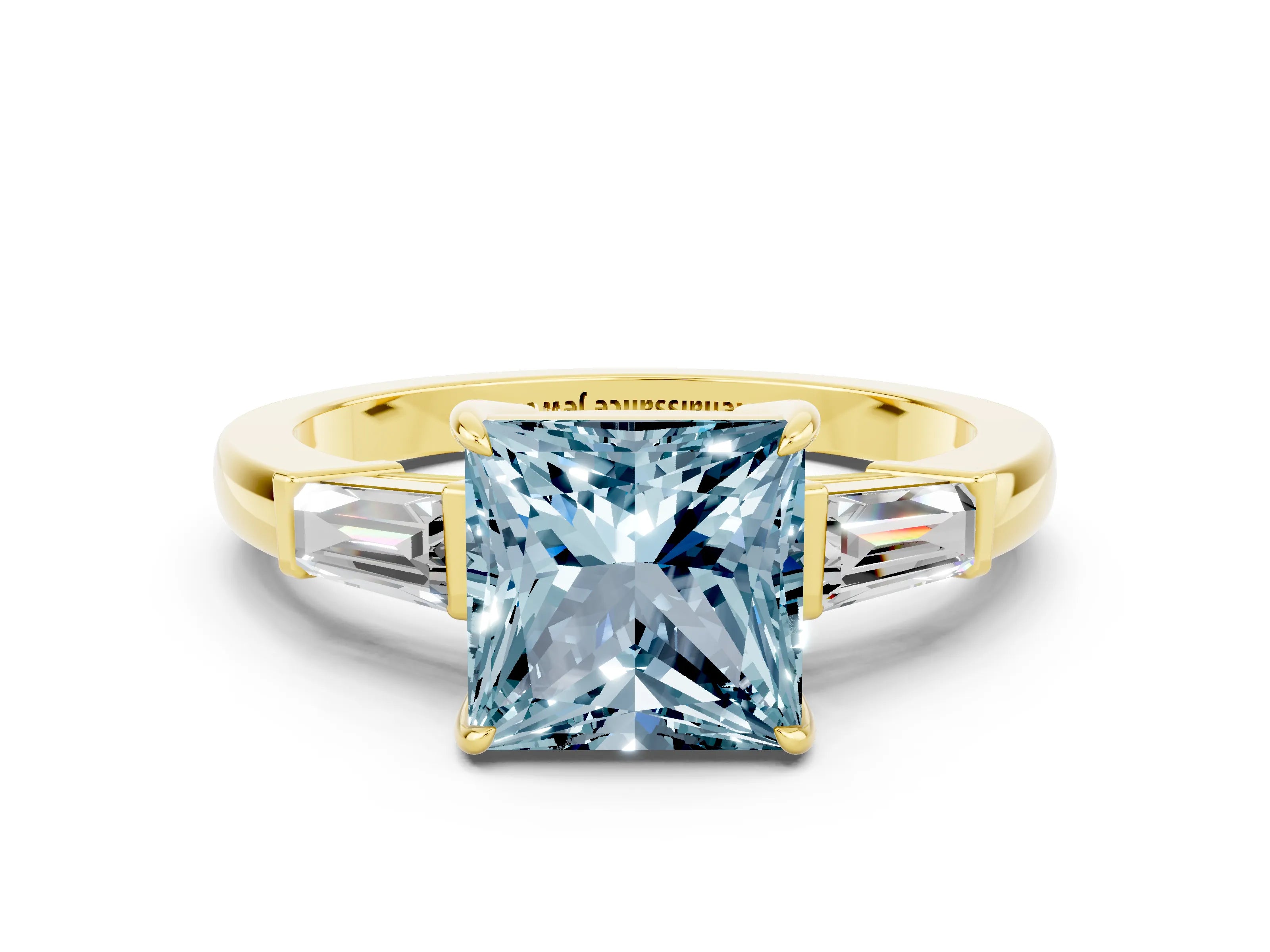 Yellow gold Princess Cut Cut Diamond Ring with Tapered Baguette Side Stones in Four-Prong Setting