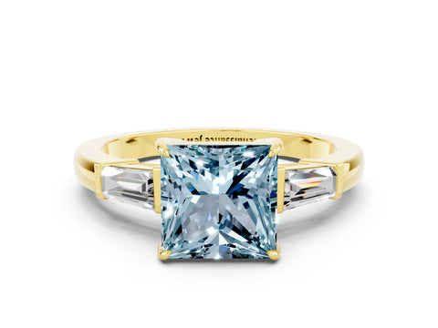 Yellow gold Princess Cut Cut Diamond Ring with Tapered Baguette Side Stones in Four-Prong Setting