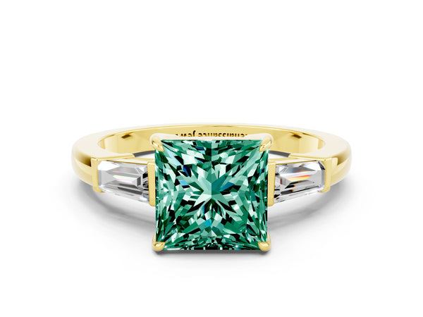 Yellow gold Princess Cut Green Sapphire Three-Stone Ring with Tapered Baguette Side Stones and Prong Setting