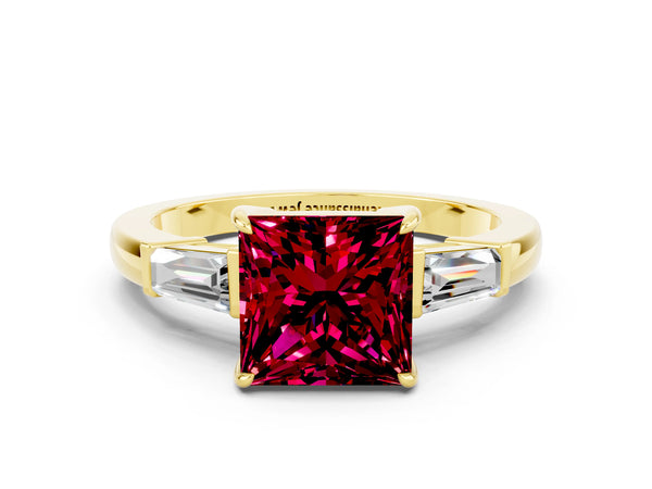 Yellow gold Princess Cut Garnet Three-Stone Ring with Tapered Baguette Side Stones and Prong Setting
