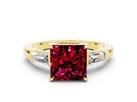 Yellow gold Princess Cut Cut Diamond Ring with Tapered Baguette Side Stones in Four-Prong Setting
