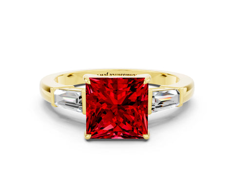 Yellow gold Princess Cut Cut Diamond Ring with Tapered Baguette Side Stones in Four-Prong Setting