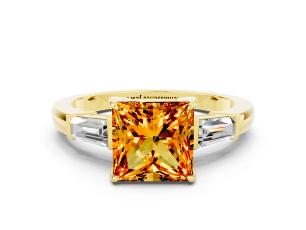 Yellow gold Princess Cut Citrine Three-Stone Ring with Tapered Baguette Side Stones and Prong Setting