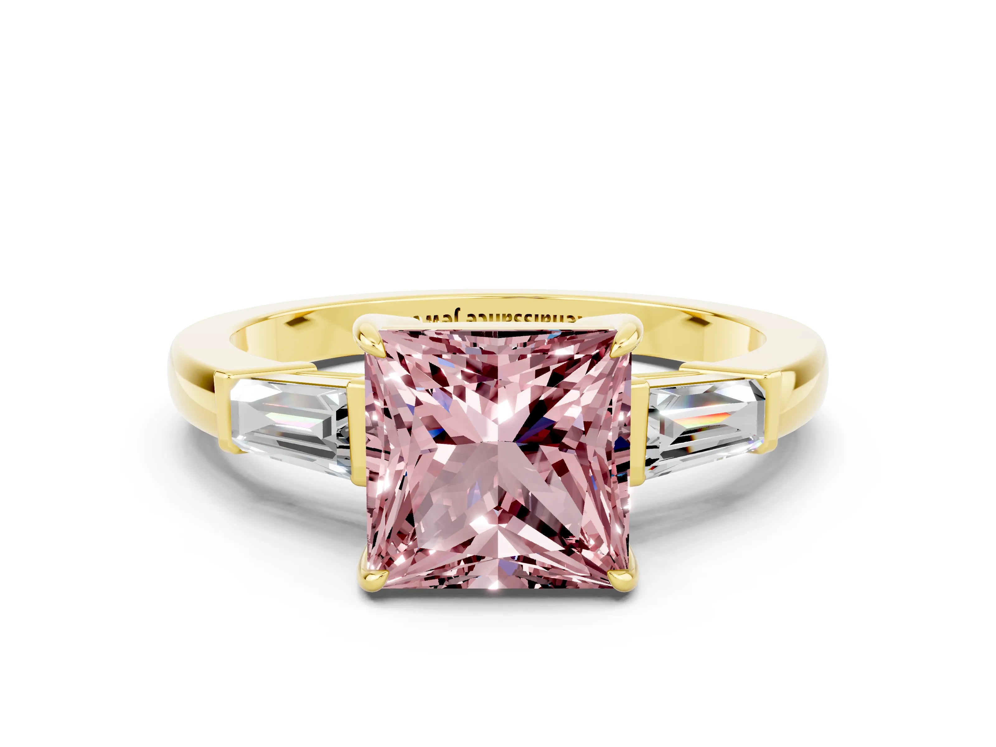 Yellow gold Princess Cut Cut Diamond Ring with Tapered Baguette Side Stones in Four-Prong Setting