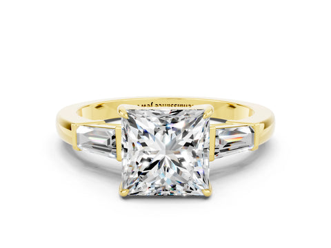 Yellow gold Princess Cut Cut Diamond Ring with Tapered Baguette Side Stones in Four-Prong Setting
