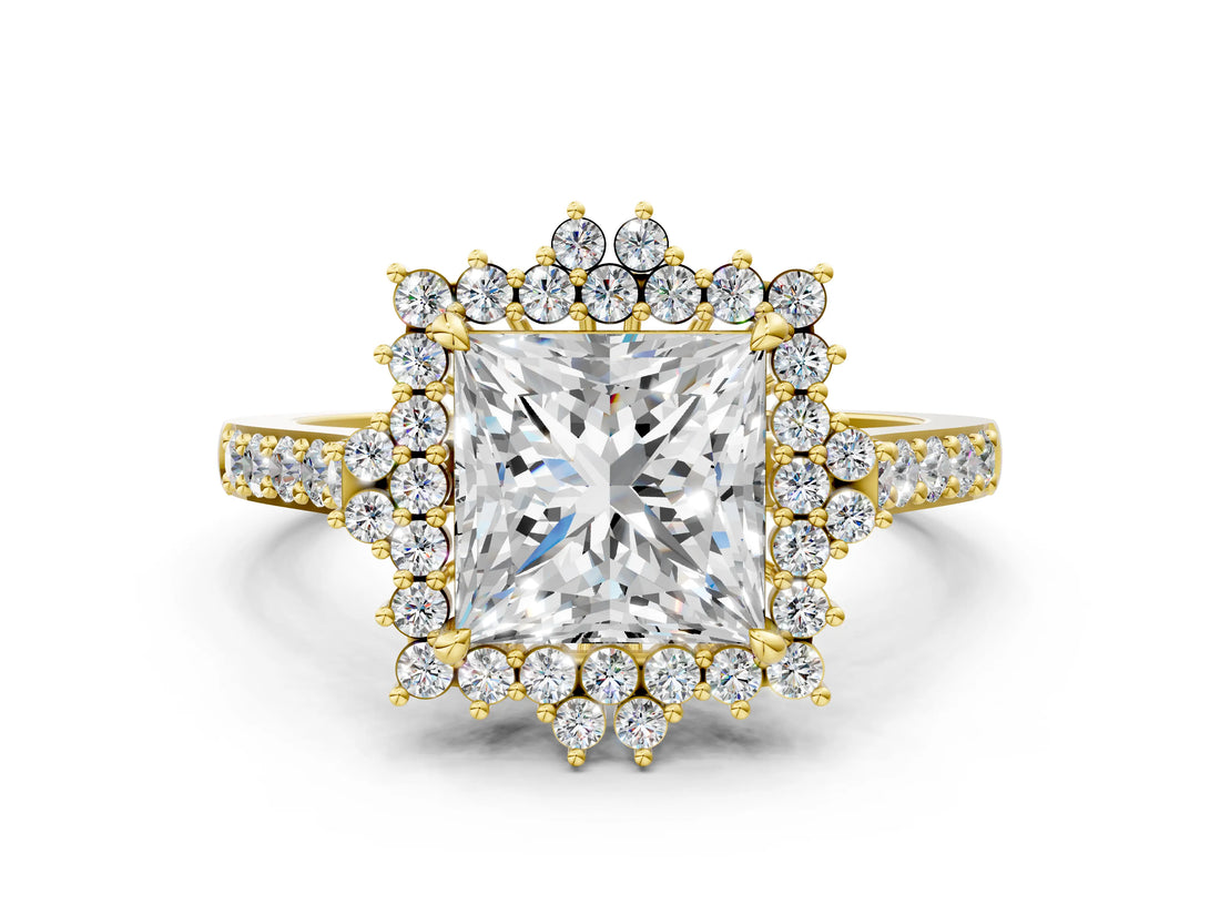 Yellow gold Princess Cut Cut Diamond Sunburst Halo Engagement Ring with Pavé Band_3