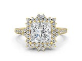 Yellow gold Princess Cut Cut Diamond Sunburst Halo Engagement Ring with Pavé Band_3