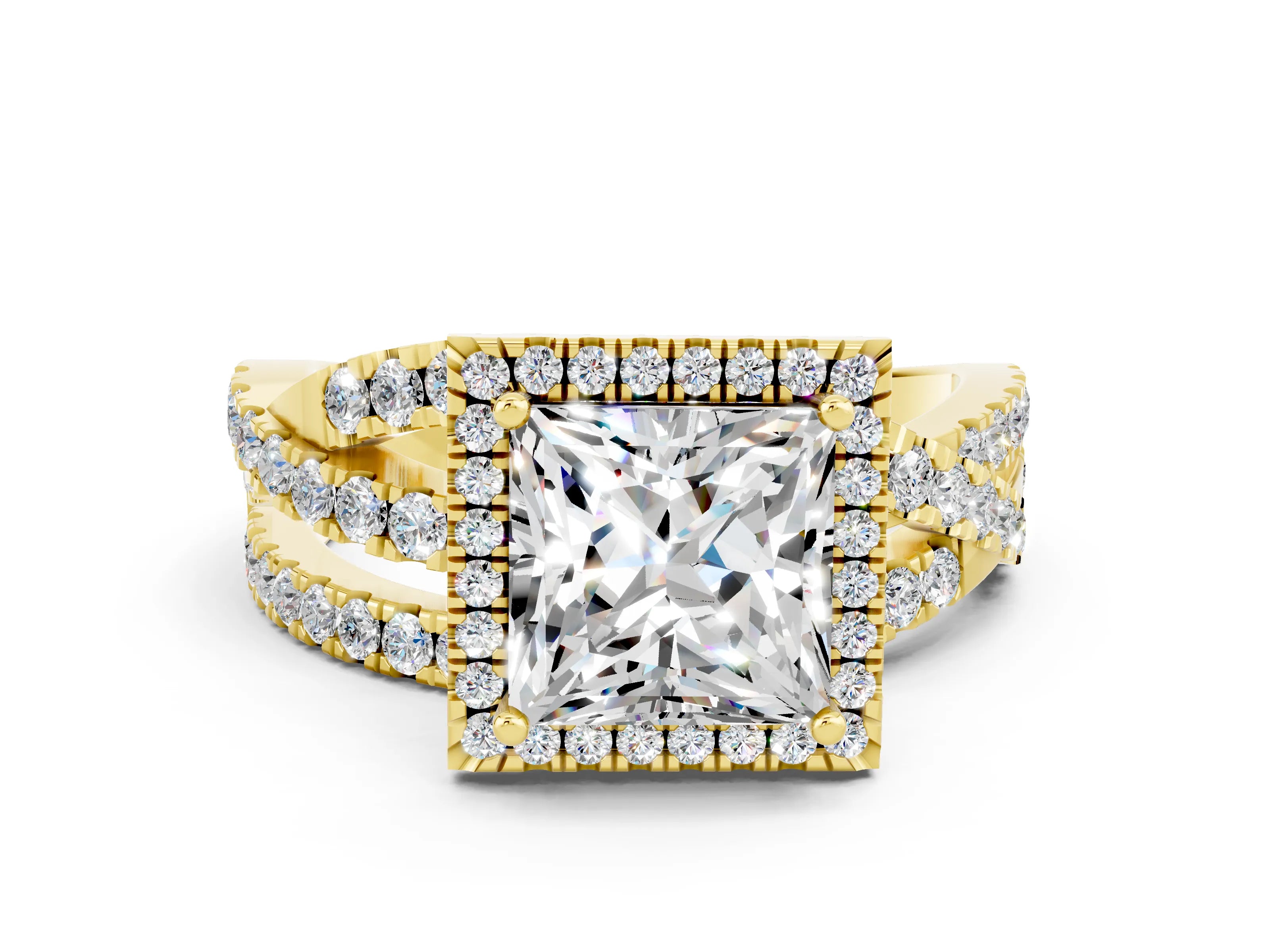 Yellow gold Princess Cut Cut Halo Split Shank Prong Setting Ring_12