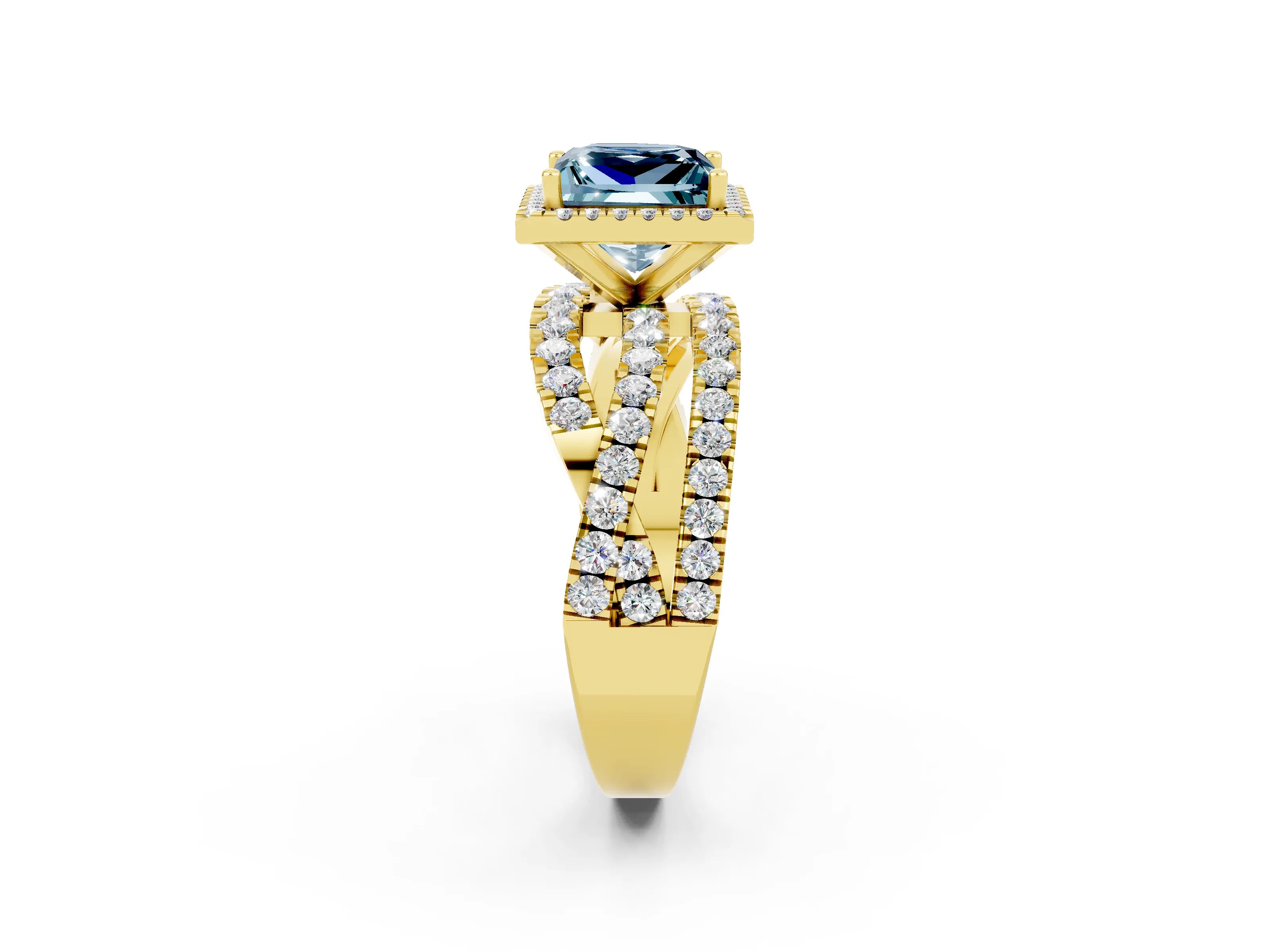 Yellow gold Princess Cut Cut Halo Split Shank Prong Setting Ring_14