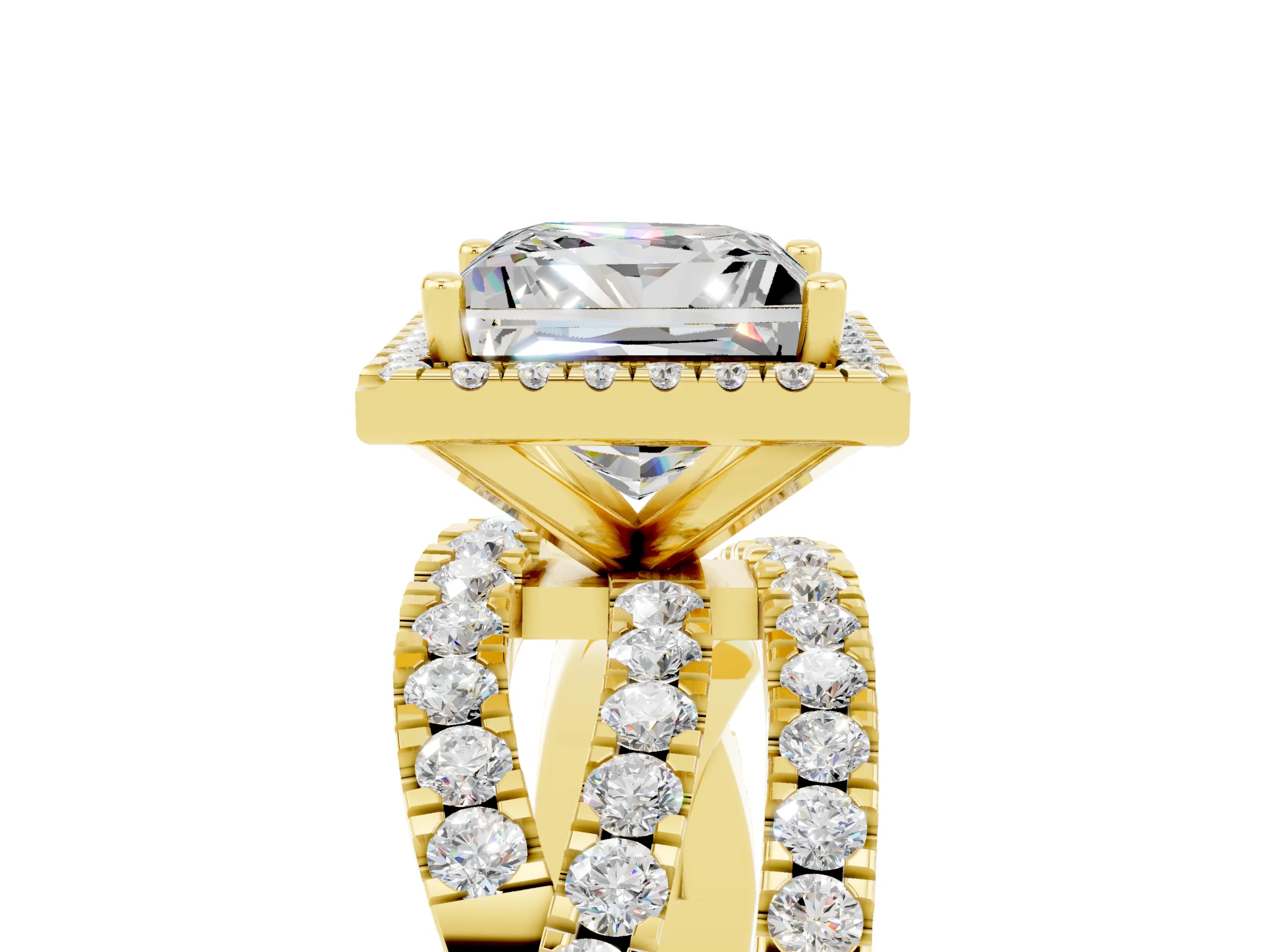 Yellow gold Princess Cut Cut Halo Split Shank Prong Setting Ring_17