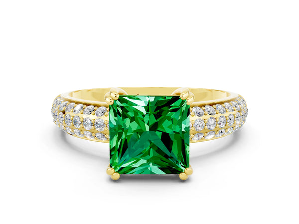 Yellow gold Princess Cut Emerald Solitaire Ring with Multi-Row Round Pavé Band and Prong Setting