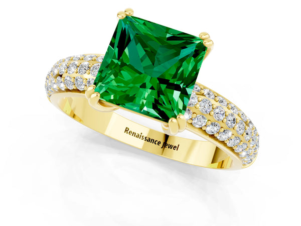 Yellow gold Princess Cut Emerald Solitaire Ring with Multi-Row Round Pavé Band and Prong Setting