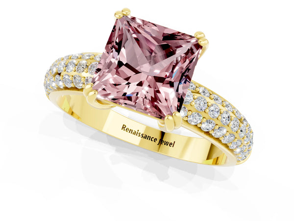 Yellow gold Princess Cut Cut Pave Diamond Engagement Ring with Channel Set Band and Four-Prong Setting