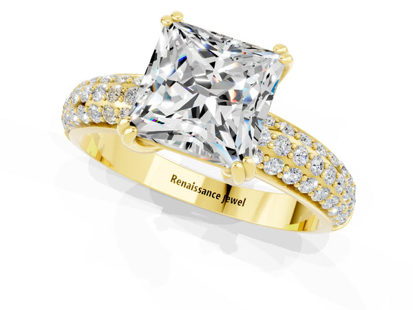 Yellow gold Princess Cut Moissanite Solitaire Ring with Multi-Row Round Pavé Band and Prong Setting