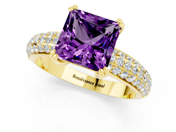 Yellow gold Princess Cut Amethyst Solitaire Ring with Multi-Row Round Pavé Band and Prong Setting