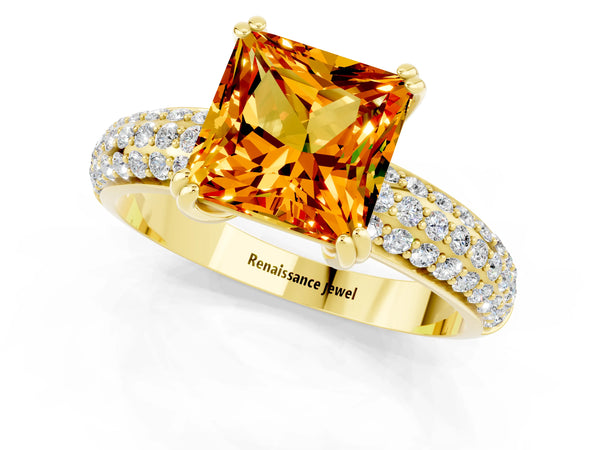 Yellow gold Princess Cut Citrine Solitaire Ring with Multi-Row Round Pavé Band and Prong Setting
