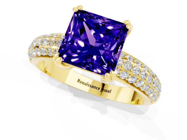 Yellow gold Princess Cut Tanzanite Solitaire Ring with Multi-Row Round Pavé Band and Prong Setting