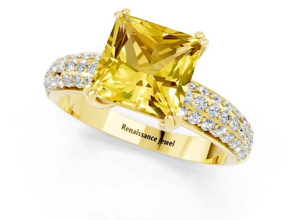 Yellow gold Princess Cut Yellow Sapphire Solitaire Ring with Multi-Row Round Pavé Band and Prong Setting