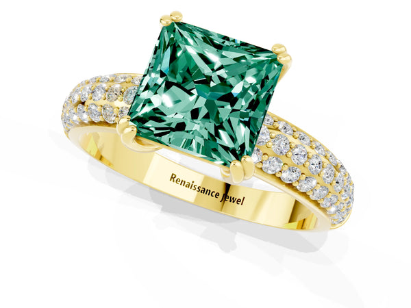 Yellow gold Princess Cut Green Sapphire Solitaire Ring with Multi-Row Round Pavé Band and Prong Setting