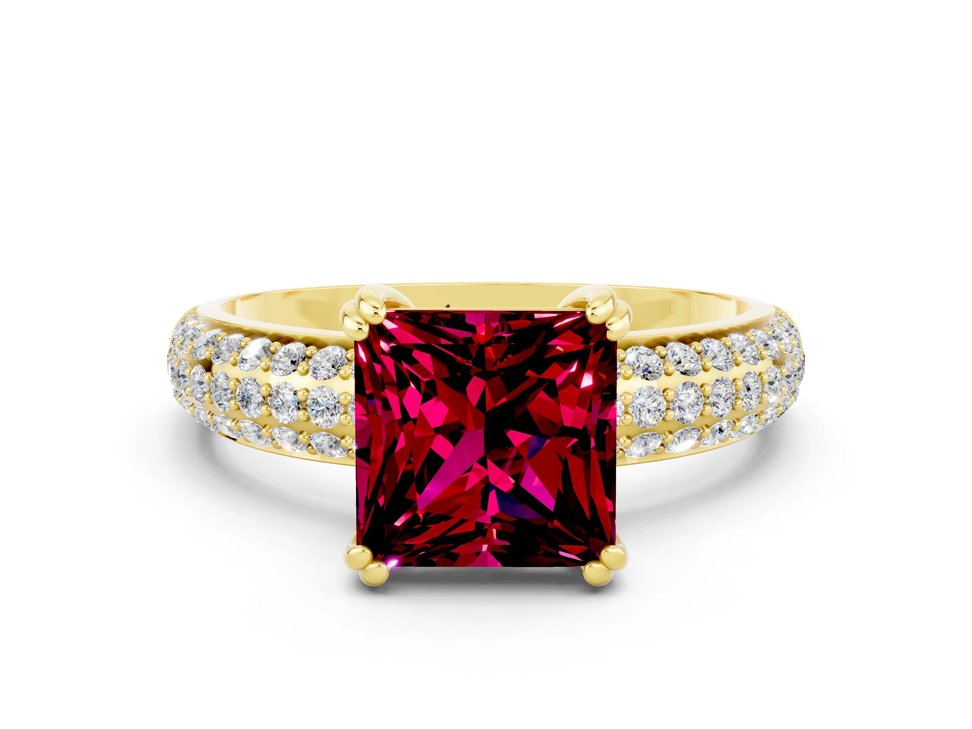 Yellow gold Princess Cut Cut Pave Diamond Engagement Ring with Channel Set Band and Four-Prong Setting