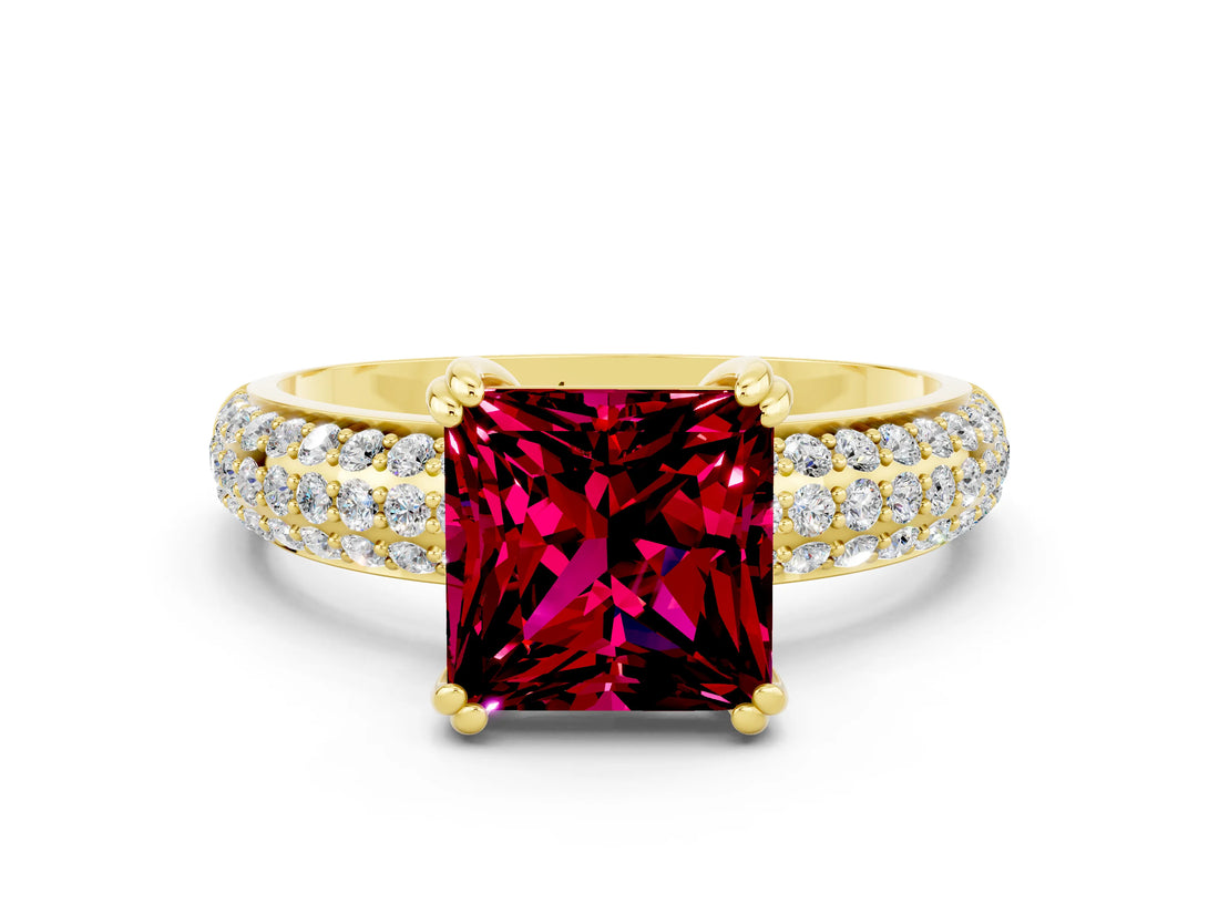 Yellow gold Princess Cut Cut Pave Diamond Engagement Ring with Channel Set Band and Four-Prong Setting