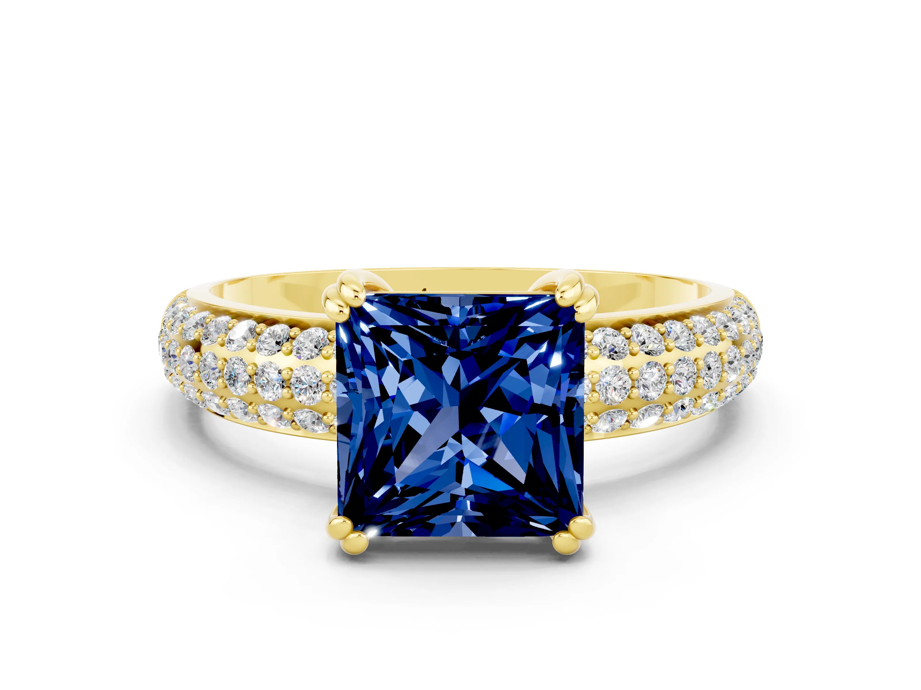 Yellow gold Princess Cut Cut Pave Diamond Engagement Ring with Channel Set Band and Four-Prong Setting