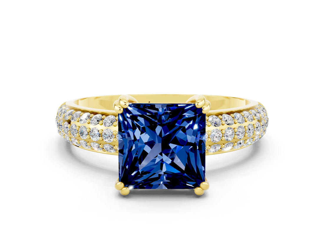 Yellow gold Princess Cut Cut Pave Diamond Engagement Ring with Channel Set Band and Four-Prong Setting