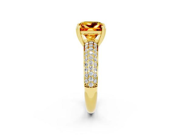 Yellow gold Princess Cut Citrine Solitaire Ring with Multi-Row Round Pavé Band and Prong Setting