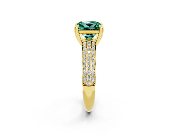 Yellow gold Princess Cut Green Sapphire Solitaire Ring with Multi-Row Round Pavé Band and Prong Setting