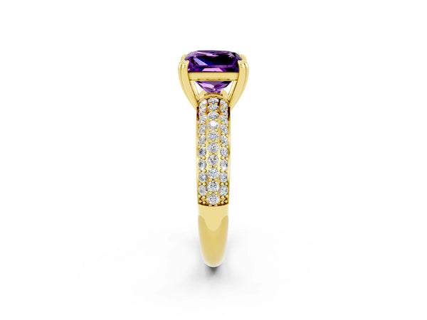 Yellow gold Princess Cut Amethyst Solitaire Ring with Multi-Row Round Pavé Band and Prong Setting