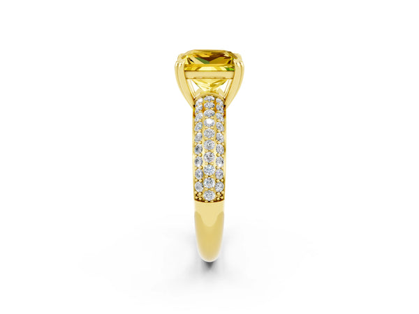 Yellow gold Princess Cut Yellow Sapphire Solitaire Ring with Multi-Row Round Pavé Band and Prong Setting