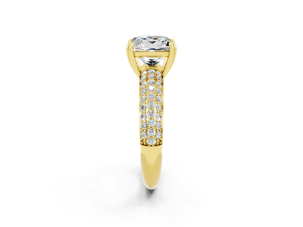Yellow gold Princess Cut Moissanite Solitaire Ring with Multi-Row Round Pavé Band and Prong Setting