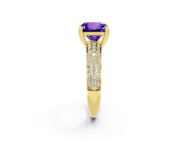Yellow gold Princess Cut Tanzanite Solitaire Ring with Multi-Row Round Pavé Band and Prong Setting