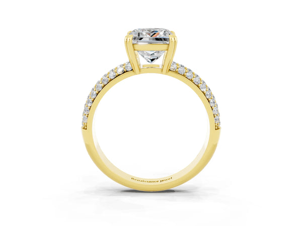 Yellow gold Princess Cut Moissanite Solitaire Ring with Multi-Row Round Pavé Band and Prong Setting