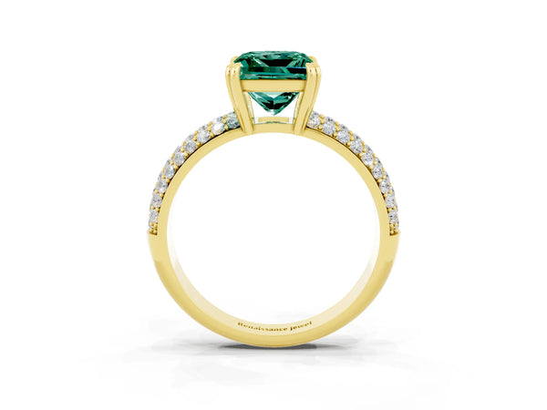 Yellow gold Princess Cut Green Sapphire Solitaire Ring with Multi-Row Round Pavé Band and Prong Setting