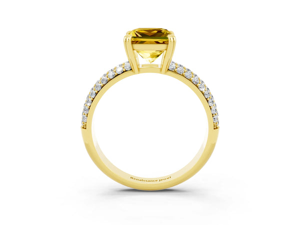 Yellow gold Princess Cut Yellow Sapphire Solitaire Ring with Multi-Row Round Pavé Band and Prong Setting