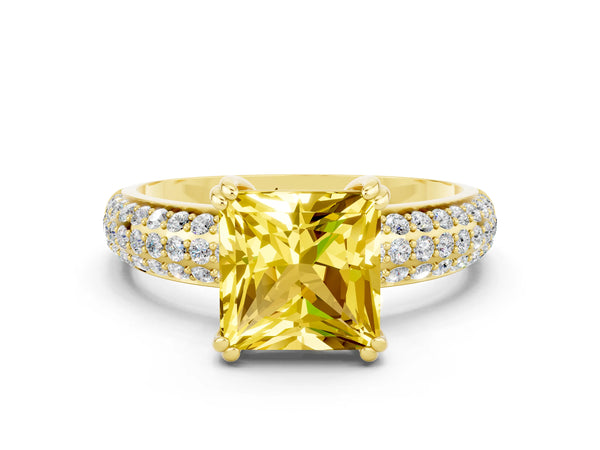 Yellow gold Princess Cut Yellow Sapphire Solitaire Ring with Multi-Row Round Pavé Band and Prong Setting