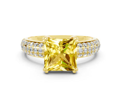 Yellow gold Princess Cut Cut Pave Diamond Engagement Ring with Channel Set Band and Four-Prong Setting