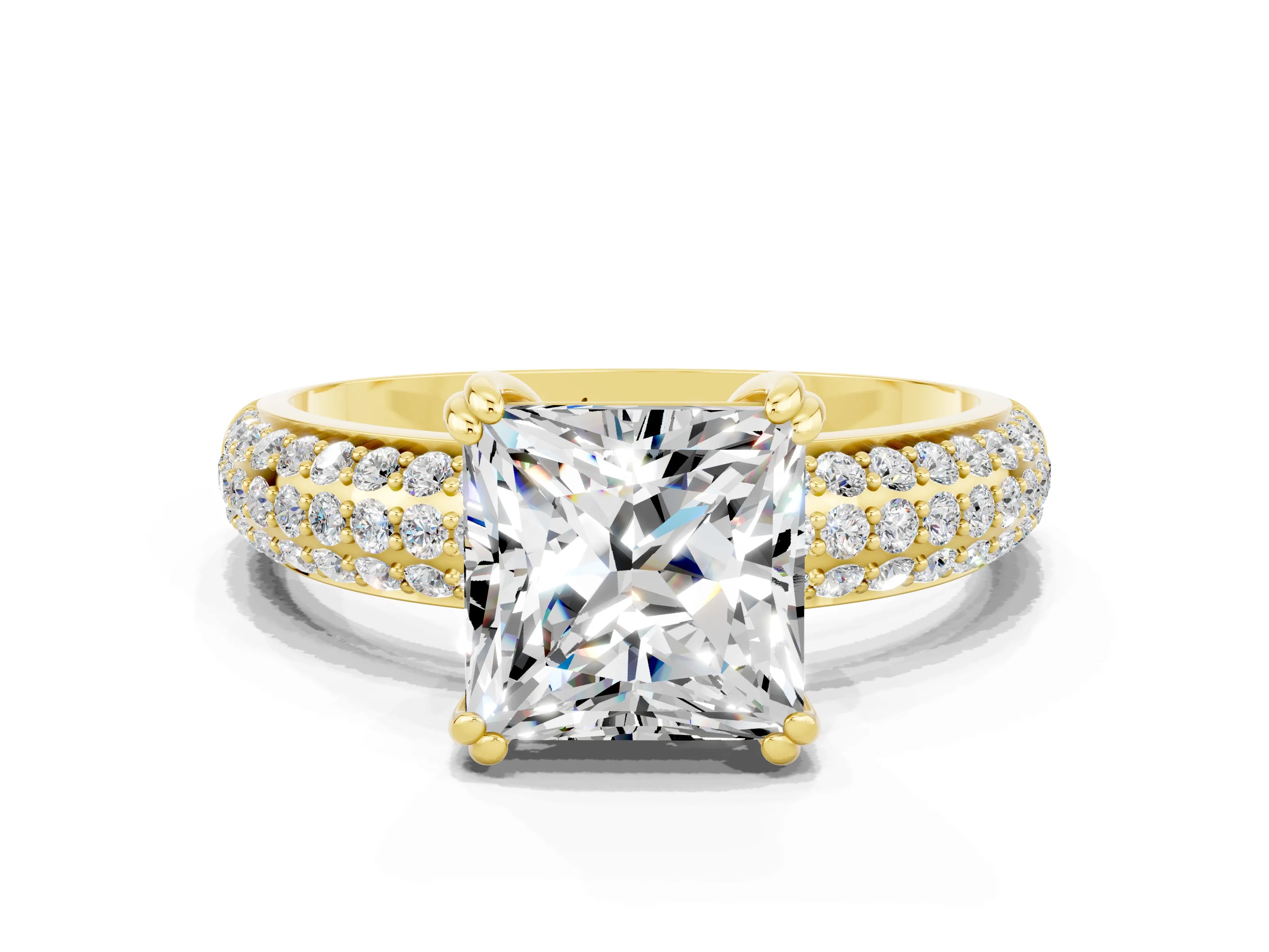 Yellow gold Princess Cut Cut Pave Diamond Engagement Ring with Channel Set Band and Four-Prong Setting