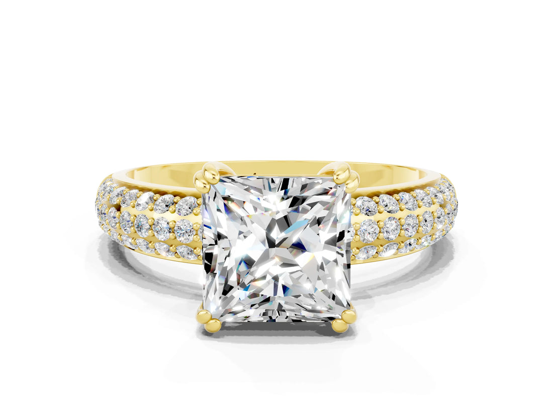 Yellow gold Princess Cut Cut Pave Diamond Engagement Ring with Channel Set Band and Four-Prong Setting