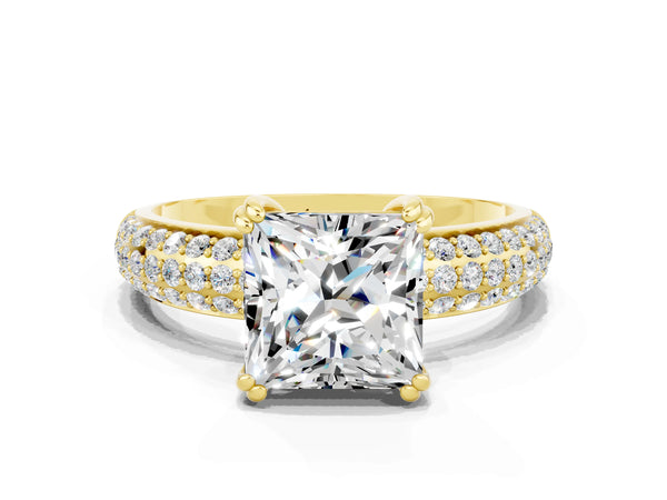 Yellow gold Princess Cut Moissanite Solitaire Ring with Multi-Row Round Pavé Band and Prong Setting