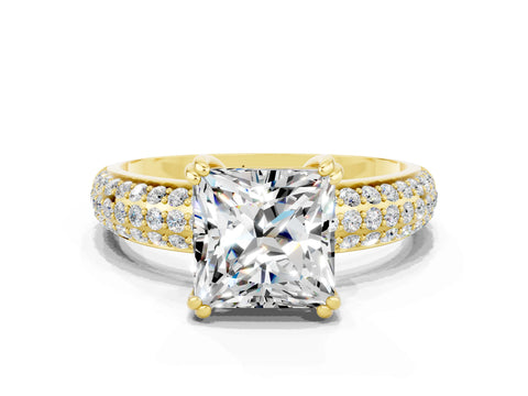 Yellow gold Princess Cut Cut Pave Diamond Engagement Ring with Channel Set Band and Four-Prong Setting