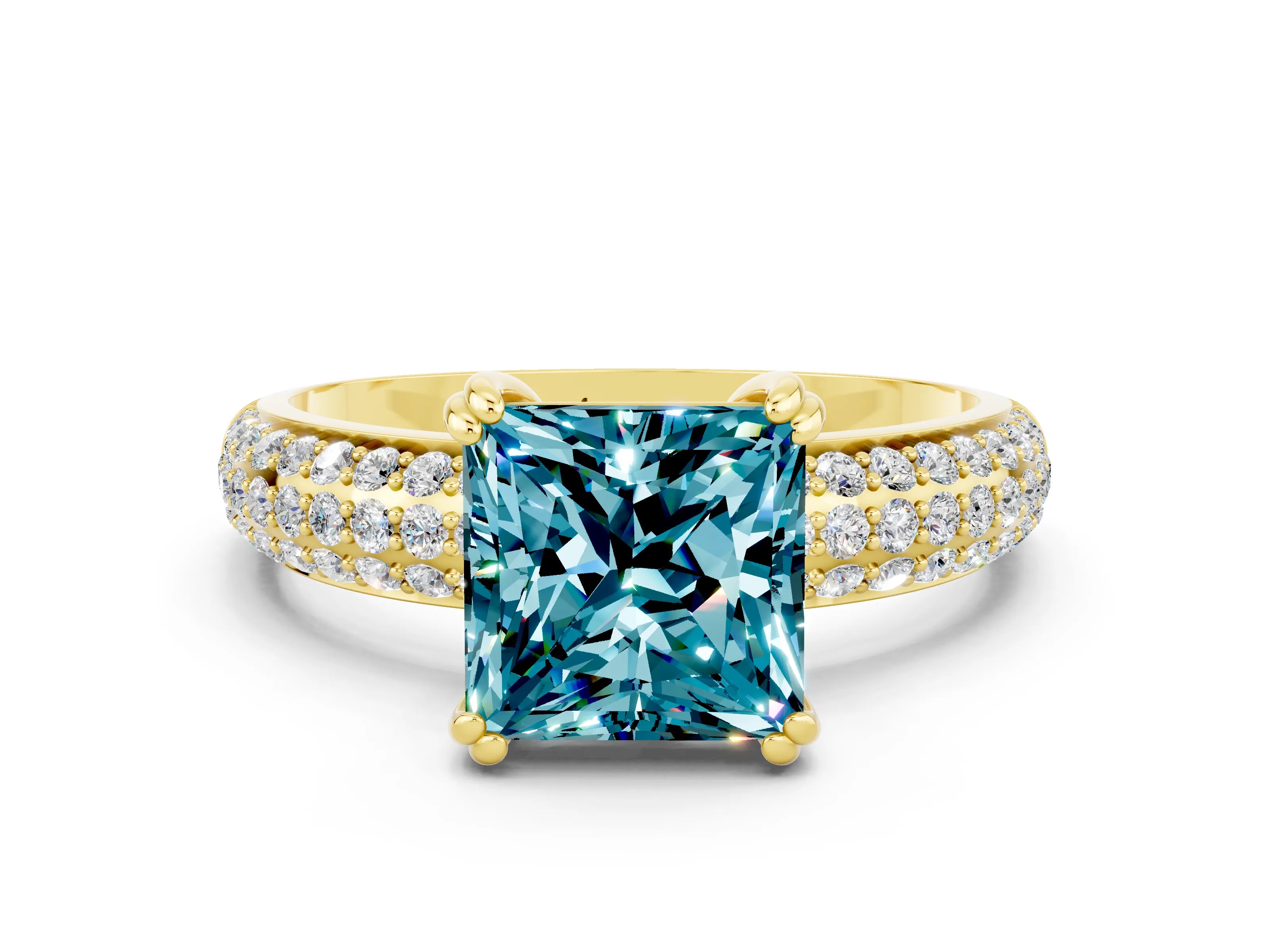 Yellow gold Princess Cut Cut Pave Diamond Engagement Ring with Channel Set Band and Four-Prong Setting