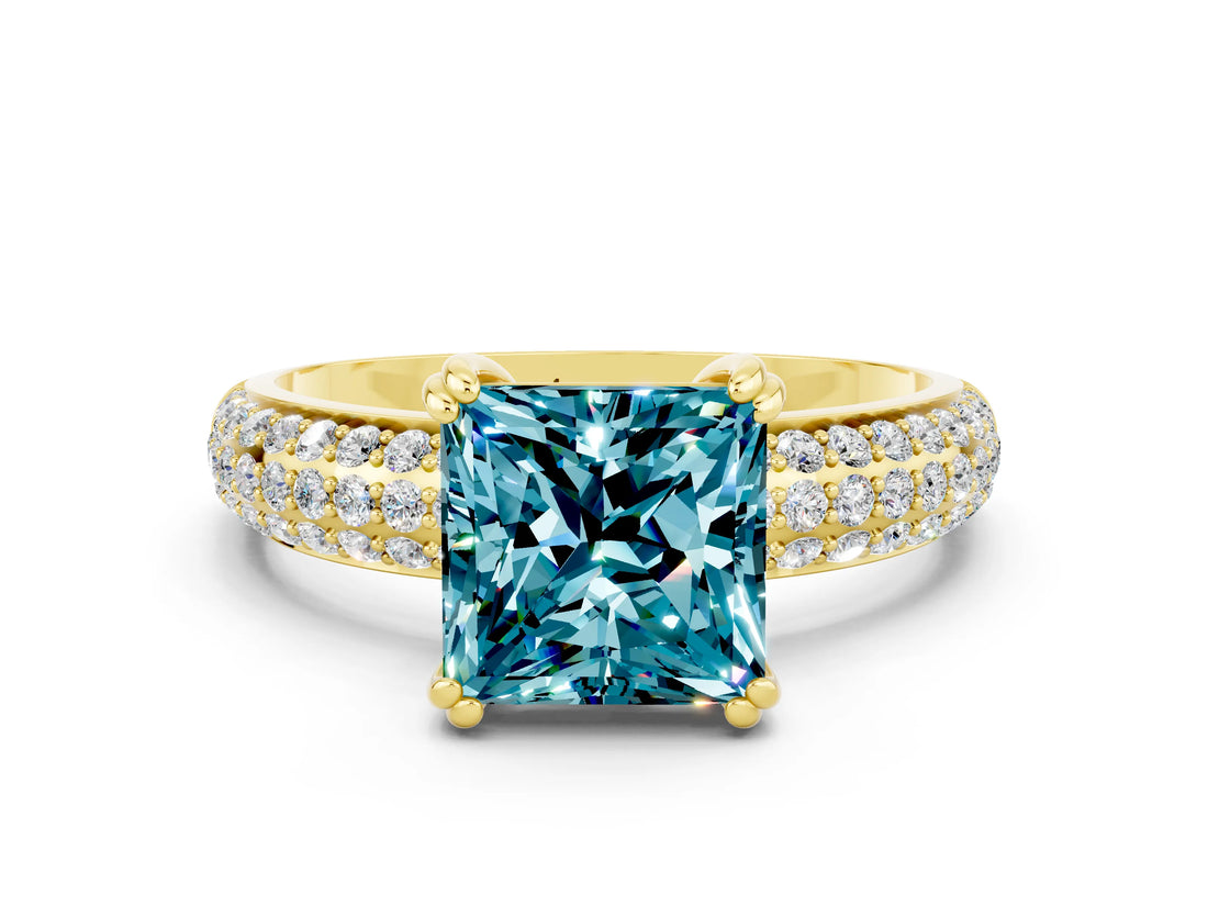 Yellow gold Princess Cut Cut Pave Diamond Engagement Ring with Channel Set Band and Four-Prong Setting