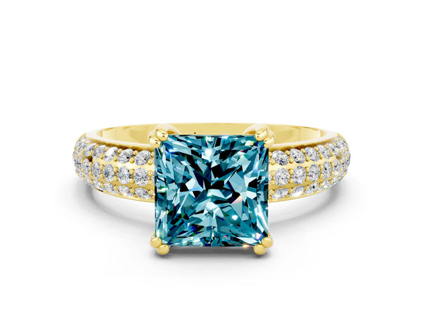 Yellow gold Princess Cut Cut Pave Diamond Engagement Ring with Channel Set Band and Four-Prong Setting