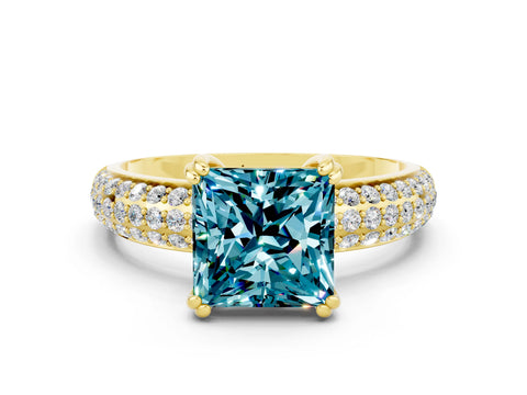Yellow gold Princess Cut Cut Pave Diamond Engagement Ring with Channel Set Band and Four-Prong Setting